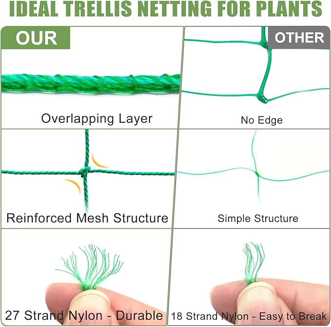 Trellis Netting, Heavy Duty Garden Trellis Netting for Climbing Plants Outdoor w/Plant Clips, 6.6x9.85 Ft Plant Netting for Cucumber, Tomato, 27 Strands & 4x4 in Mesh, Grow Net for Fruits, Vegetables