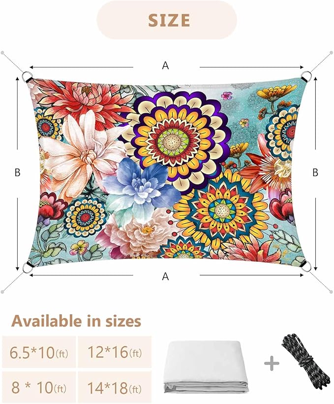 Sun Shade Sail 12'x16' Boho Floral Rectangle Sun Shade Sails Canopy Waterproof Mandala Flowers Plant Outdoor Sunshades Sand UV Block Cover Shade Cloth for Patio Backyard Garden Deck Porch Lawn