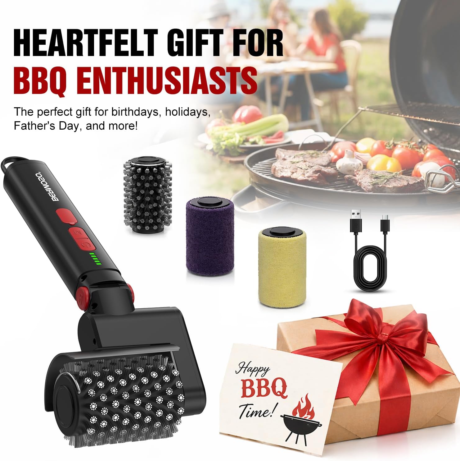 Electric Grill Brush, Rechargeable USB BBQ Grill Cleaner with 3-Speed & 3 Heads, 150+ Min Runtime, Waterproof & Heat Resistant, Cordless Rotary Grill Brush for Outdoor Barbecue Grates