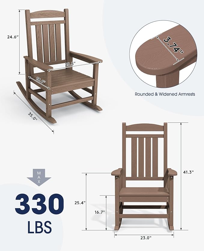 KINGYES Outdoor Rocking Chair Set of 2, High Density Polyethylene Patio Rocking Chairs with 330lbs Support for Adults, Brown