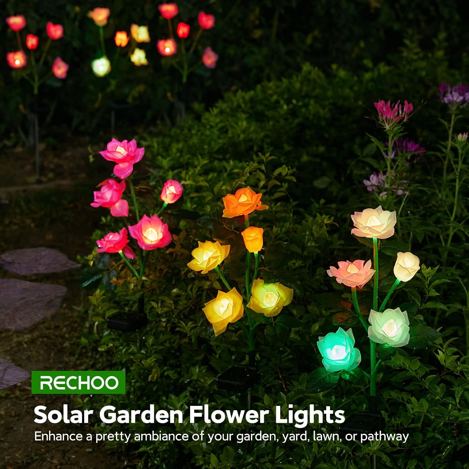 RECHOO Solar Garden Lights Outdoor 10Pack, Solar Flower Lights with 50 Rose | Multi-Color Changing LED Waterproof Solar Lights, Garden Decor for Landscape Pathway, Gifts for Women