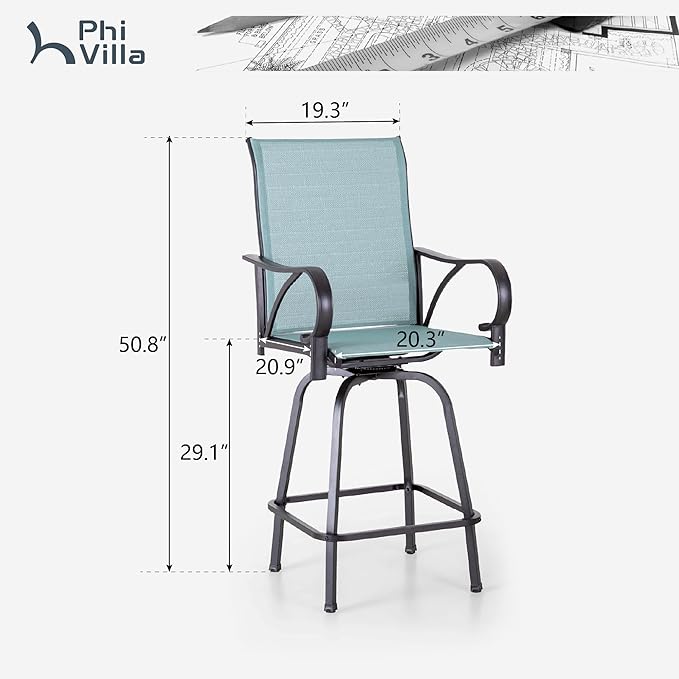 PHI VILLA Outdoor Bar Stools Set of 6, Swivel Patio Bar Stools & Chairs, High Top Bar Seating for Outside, Balcony，Porch and Backyard, Teal
