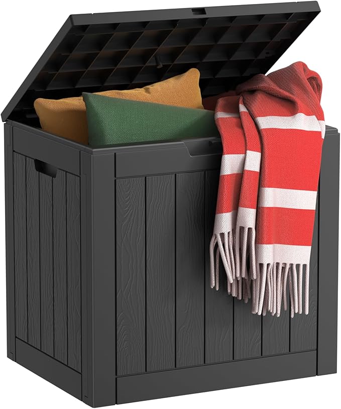 EasyUp 33 Gallon Resin Deck Box Waterproof, UV Resistant Outdoor Storage Box for Delivery, Porch, Patio and Garden, Stripe Black