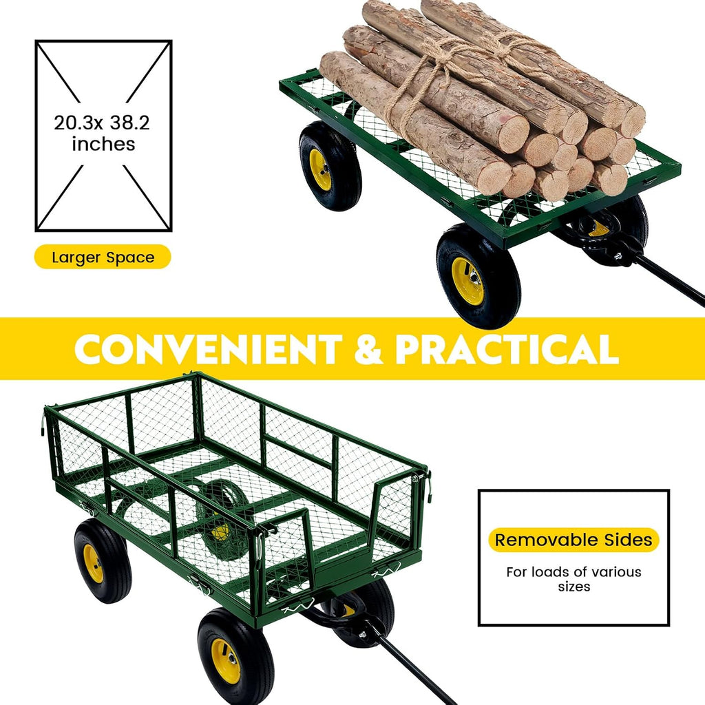 steel garden cart, 2-in-1 heavy duty utility wagon showing dimensions