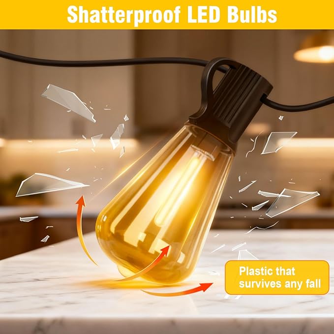Solar String Lights Outdoor Waterproof Lights with Remote & Timer, LED Shatterproof ST38 Bulbs, USB & Solar Powered Patio Lights for Backyard, Porch, Garden, Wedding, Christmas Decor (50FT)
