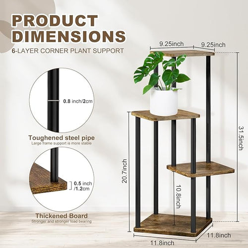 4 Tier Plant Stand Indoor, Thickened Metal Wood Corner Plant Shelf Stands for Multiple Plants, Indoor Tall Plants Stand Tiered Flower Holder for Living Room Patio Garden Balcony(Black+Brown)