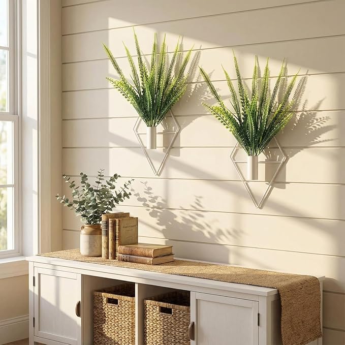 2 Pieces Wall Decor Hanging Planters with Artificial Plants Metal Hanging Vase Indoor Plants Holder Modern Boho Wall Art for Bathroom Bedroom Living Room Decor(White,Boston Fern)