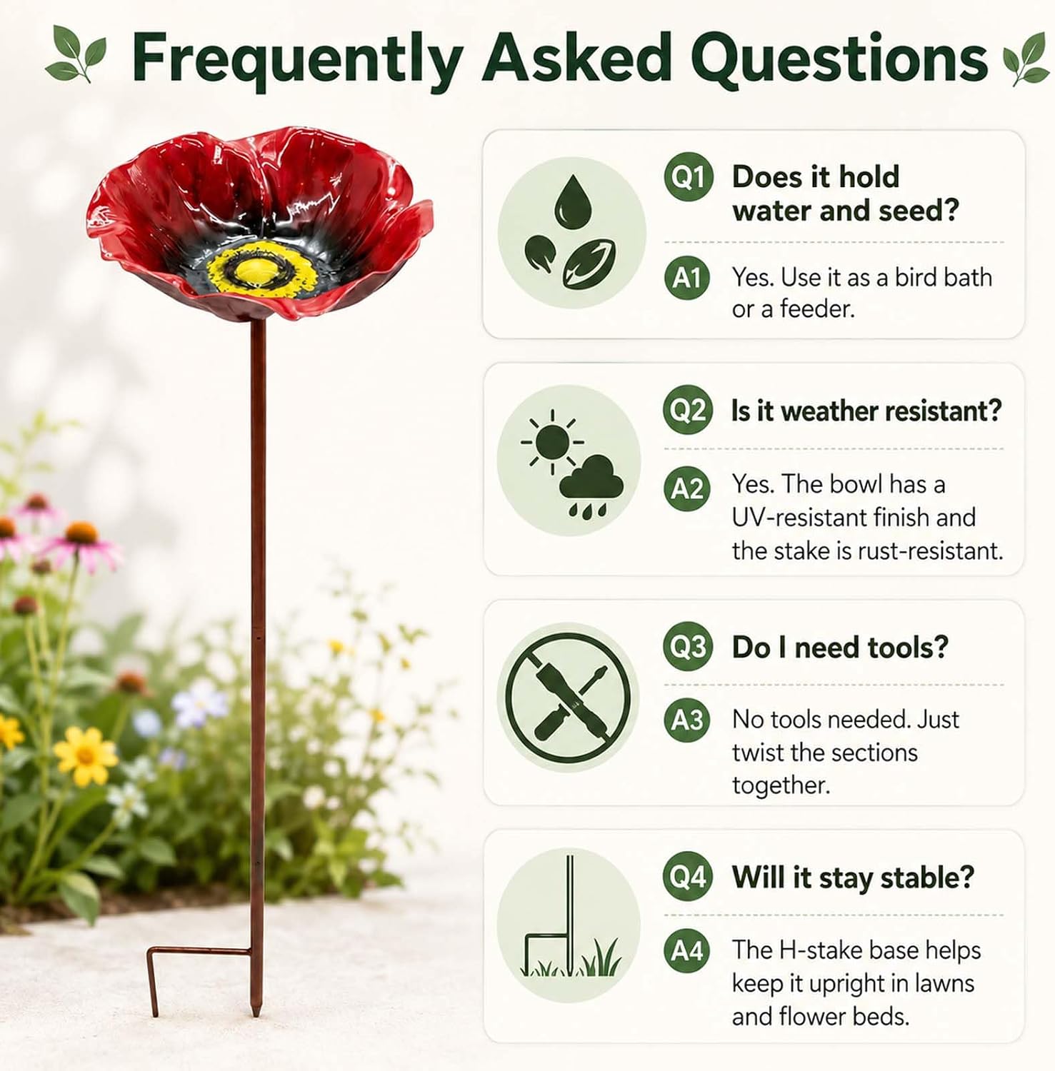 Flower Bird Bath and Feeder, 24.8-Inch Outdoor Metal Stake (Rose red) | Flower-shaped bowl holds water or seed; 3-section metal stake installs tool-free with a stable H-style ground base.