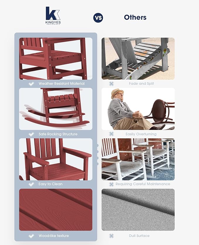 KINGYES HDPE Outdoor Rocking Chair Set of 4, All-Weather Poly Patio Rocking Chairs with 330lbs Support for Adults, Dark Red