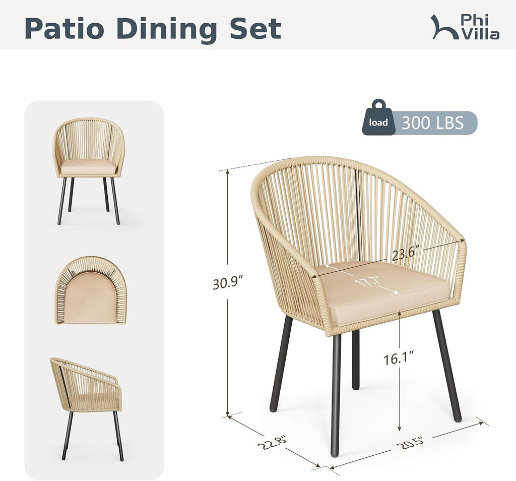 PHI VILLA Wicker Patio Dining Chairs Set of 4 Rope Rattan Chairs | Outdoor Modern Brown Rope Rattan Chairs with Metal Legs & Cushions, Outside Dining Chairs for Deck, Porch, Backyard