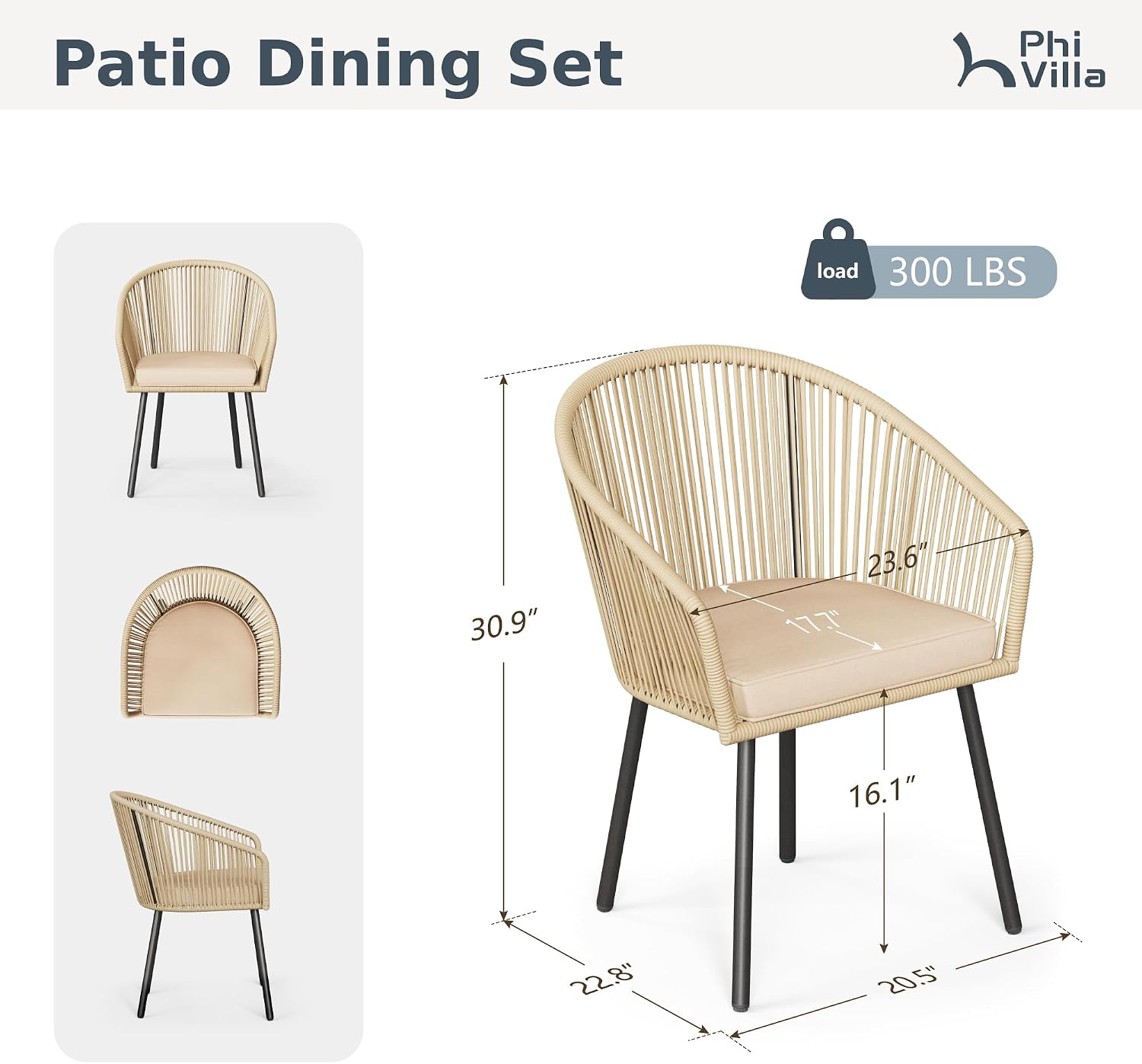 PHI VILLA Wicker Patio Dining Chairs Set of 4 Rope Rattan Chairs | Outdoor Modern Brown Rope Rattan Chairs with Metal Legs & Cushions, Outside Dining Chairs for Deck, Porch, Backyard