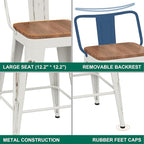 WENTMENT Bar Stools Set of 4 Counter Height Bar Stools Metal Barstools with Removable Back 30" Kitchen Bar Stools with Wooden Seat, Distressed White