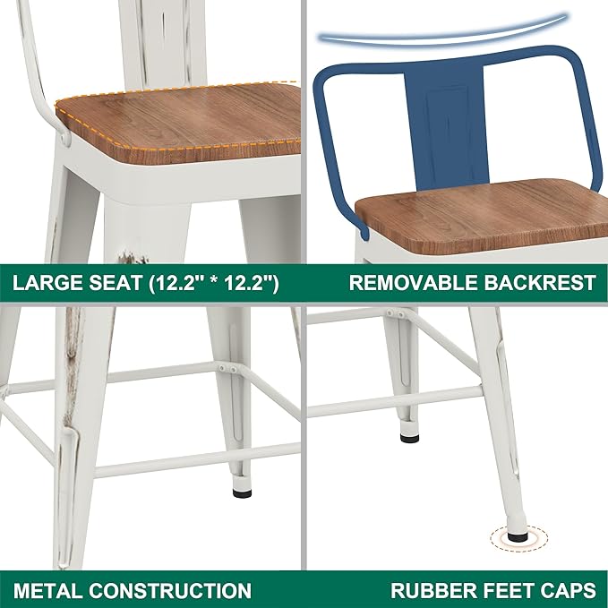 WENTMENT Bar Stools Set of 4 Counter Height Bar Stools Metal Barstools with Removable Back 30" Kitchen Bar Stools with Wooden Seat, Distressed White