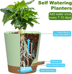 Self Watering Pots, 7/6.5/6/5.5/5/4 inch Flower Pots with Multi Mesh Drainage Holes, Small Platic Planters for Indoor Outdoor Garden Plants and Flowers (Green with Brown Tray, 7"+6.5"+6"+5.5"+5"+4")