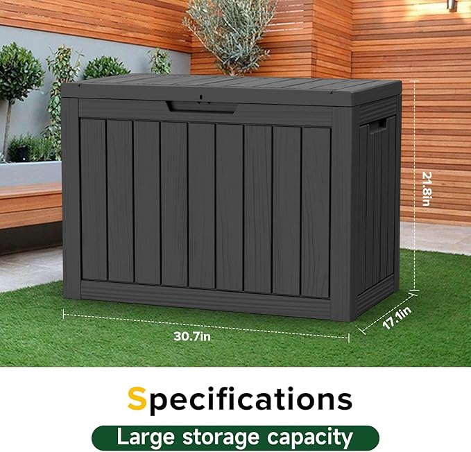 ROJIK Outdoor Storage Housing Deck Box - Waterproof Patio Furniture, Garden Tools, Cushions, Pool Accessories Storage Bench with Lockable Lid and Side Handles (Black 48 Gal)