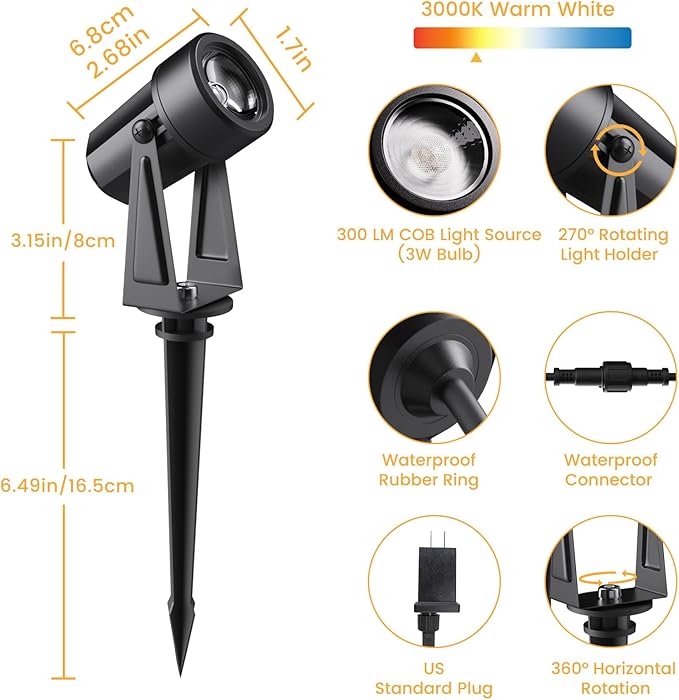 Low Voltage Landscape Lighting,6 Pack Outdoor LED Landscape Spotlights with Transformer 27V Garden Lights Pathway Lights IP65 Waterproof 3000K Warm White