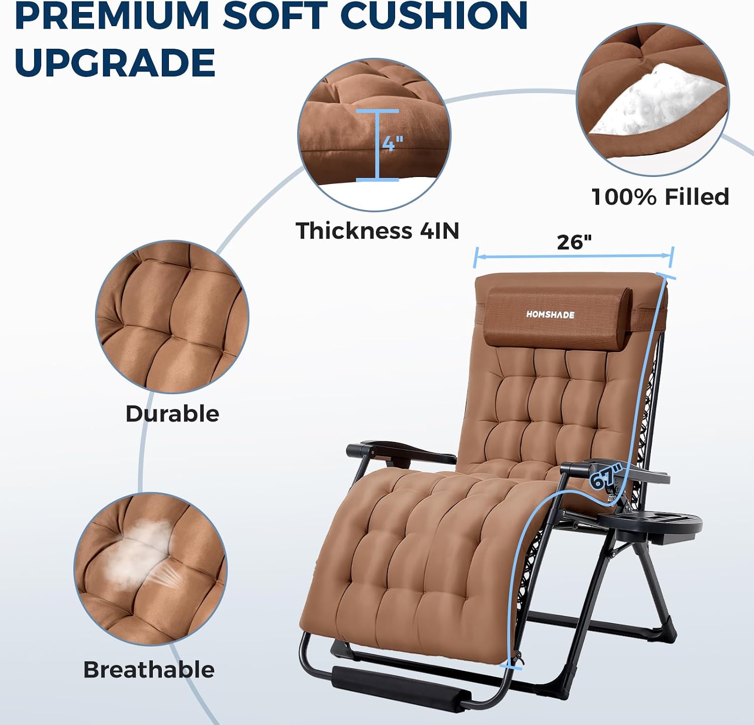 33 Inch XXL Oversized Zero Gravity Chair, Support 500 LBS, Brown | Heavy Duty Zero Gravity Lounge Chair Outdoor, Indoor Recliner Chairs w/Removable Cushion, Footrest, Headrest & Cup Holder