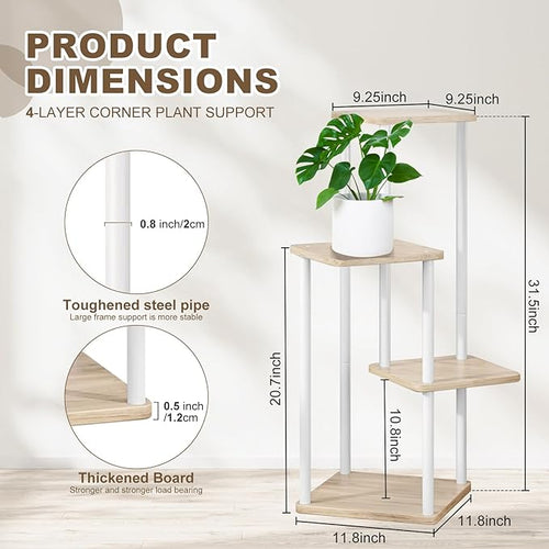 4 Tier Plant Stand Indoor, Thickened Metal Wood Corner Plant Shelf Stands for Multiple Plants, Indoor Tall Plants Stand Tiered Flower Holder for Living Room Patio Garden Balcony(White+Oak)