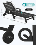 SERWALL Patio Chaise Lounge Chair Set of 4, 5 Positions Adjustable Poly Outdoor Lounger for Pool, HDPE Lounge Chair with Rolling Wheels & Cup Holder for Poolside, Deck, Obsidian Black