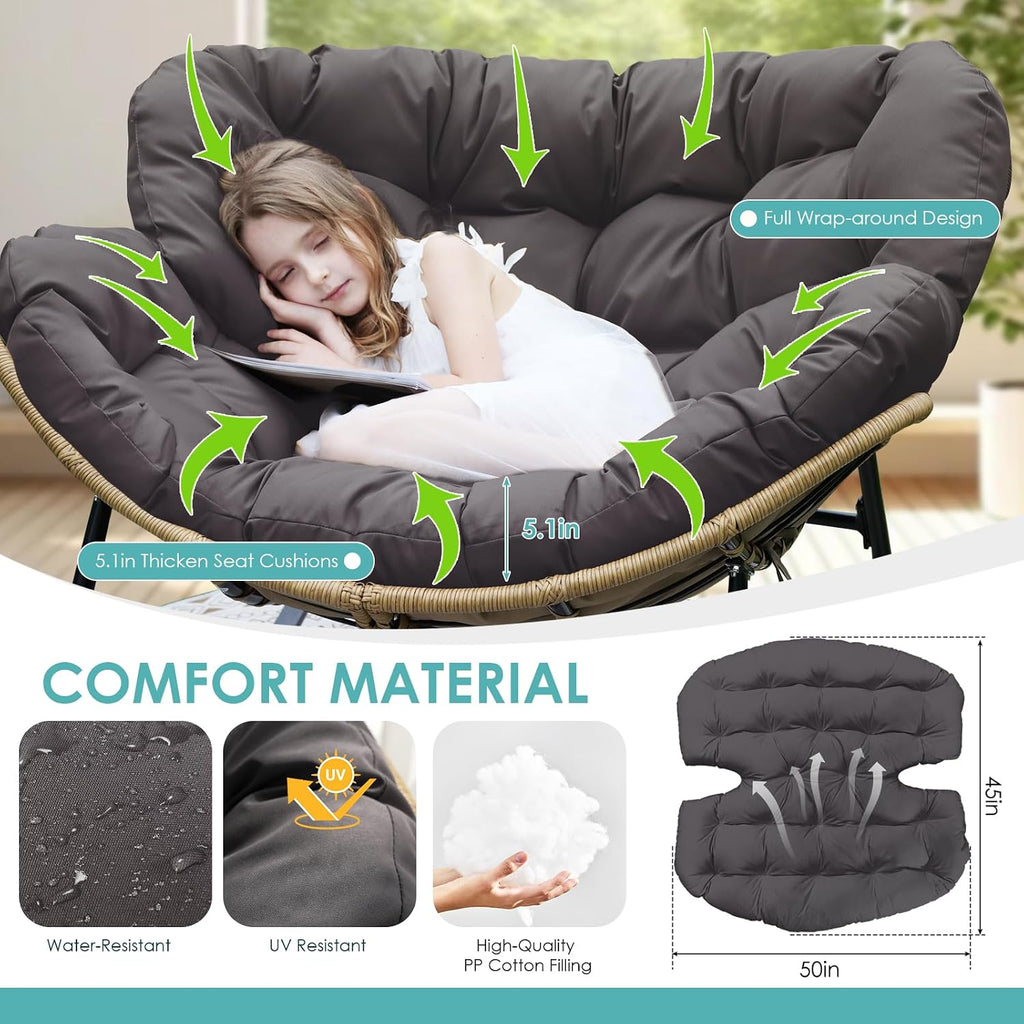 RADIATA Outdoor Papasan Rocking Chair, Oversized Patio Rocking Egg Chair | 450 Lbs Heavy Duty, Oversized Design, PE Wicker Comfy Egg Chair with Grey Cushion, Sturdy Recliner Lounge for Balcony Porch