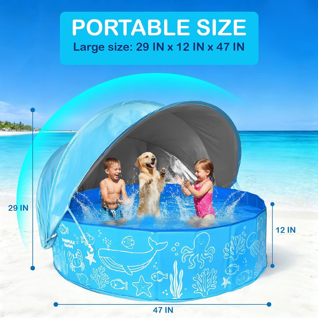 Kiddie Pool with Canopy - 47 in Foldable Kids Pool, Summer Water Play Kids Pool with Shade, Portable Non-Slip Swimming Pool & Dog Pool for Outdoor, Beach, Backyard