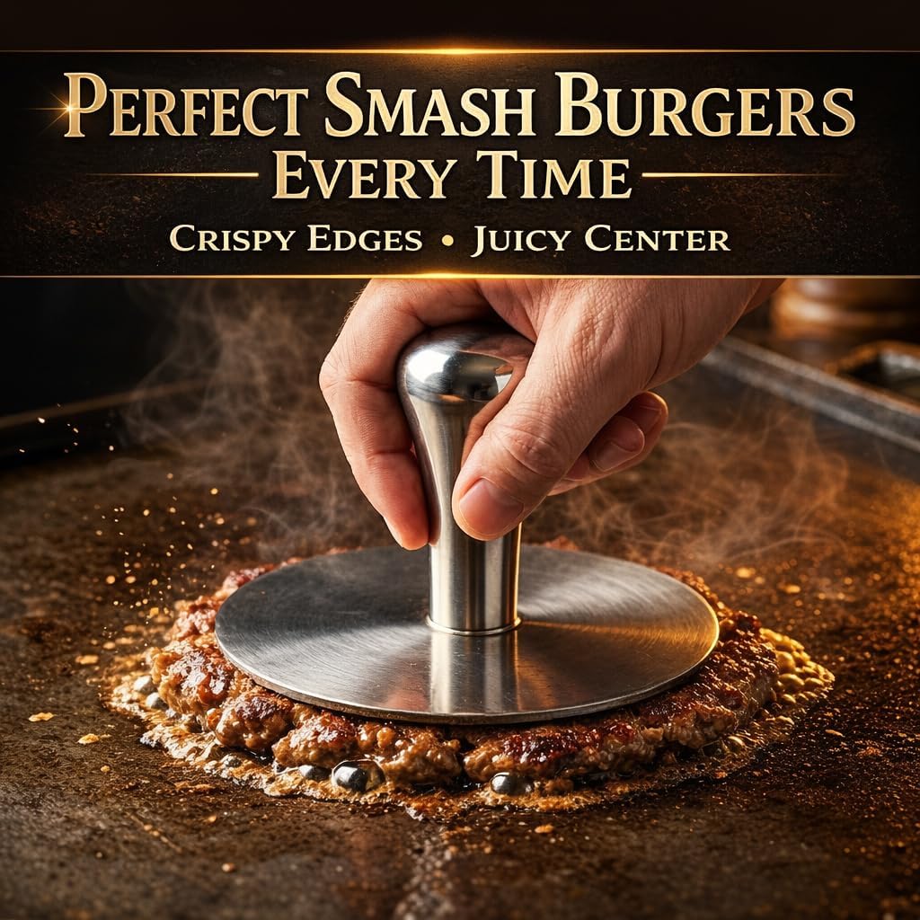 Premium Stainless Steel Smash Burger Press, Heavy Duty Burger Smasher with Ergonomic Handle, Large Press Surface, Easy to Clean, Perfect for Grill, Griddle & Everyday Cooking