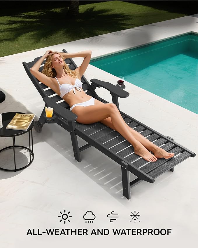 Carauci Lounge Chair Outdoor Set of 2, HDPE Chaise Lounge with Wheels, 5-Position Adjustable Backrest & 2 Cup Holders Patio Lounge Chair, All-Weather Pool Sun Lounger for Poolside, Backyard, Black