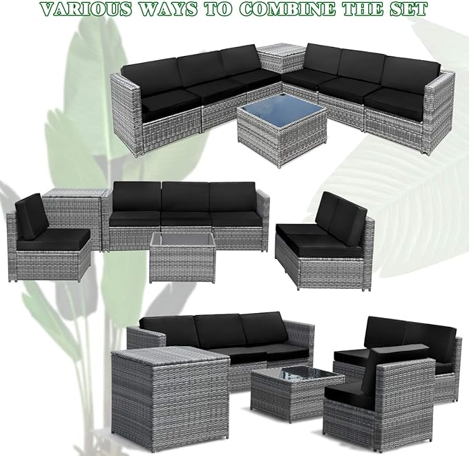 Tangkula 8 Pieces Wicker Patio Furniture Set with Storage Deck Box, PE Rattan Outdoor Sectional Sofa Conversation Set with Coffee Table & Cushions, Outside Furniture for Garden Yard Poolside (Black)