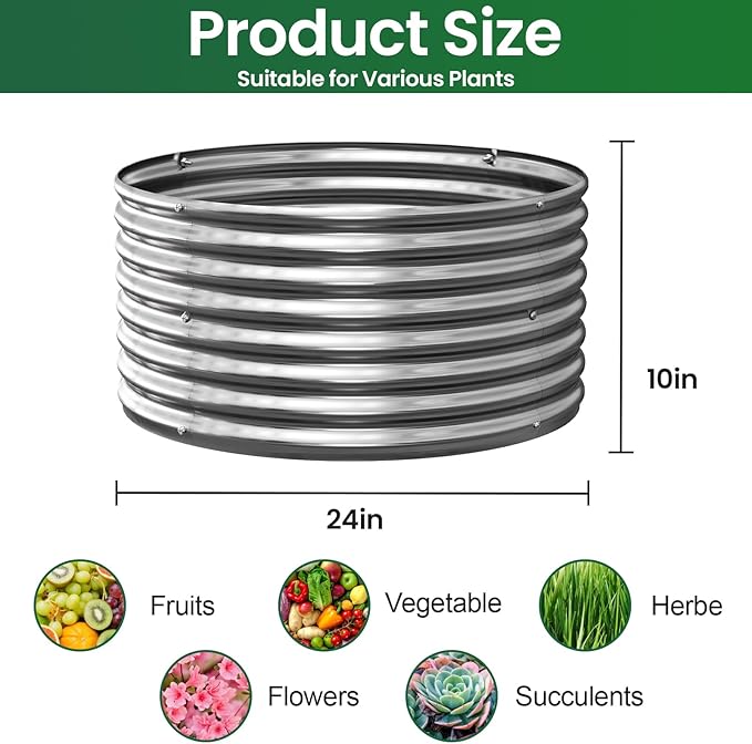 4 Pack Round Galvanized Raised Garden Bed Outdoor, Metal Garden Bed for Vegetables, Above Ground Garden Box for Flower, Steel Raised Beds for Gardening - 2FT