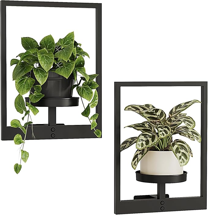 Bamworld Plant Stand Indoor Wall Decor Metal Plant Hanger Indoor Hanging Plant Holder Wall-Mounted Planters Outdoor Plant Rack Black 2 Pack (Patent Design)
