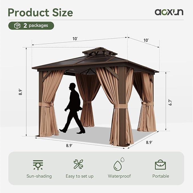 Aoxun 10'x10' Hardtop Gazebo, Outdoor Polycarbonate Double Top Canopy, Aluminum Frame Gazebo with Netting and Curtains, Sunshade for Patios, Gardens, Lawns
