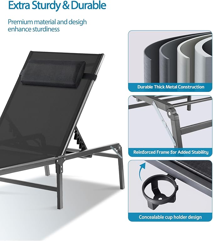 2 Pack Foldable Chaise Lounge Chair with Cup Holder, Assemble-Free Outdoor Lounge Chair with Detachable Pillow and 6 Adjustable Backrest, Patio Lounge Chair for Outside Poolside Beach Pool, Black