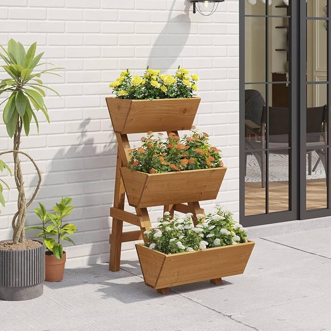 3-Tiers Wooden Raised Garden Bed Planter Box Flower Pots Vertical Garden Planter Wood Plant Stand for Vegetables Flowers Herbs for Patio, Balcony, Freestanding (Brown S)