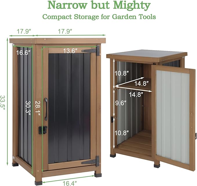 Small Outdoor Storage Cabinet Waterproof with Metal Top, Wood & Metal Outside Potting Bench Table Tool Organizer with Adjustable Shelf for Patio Backyard Garden