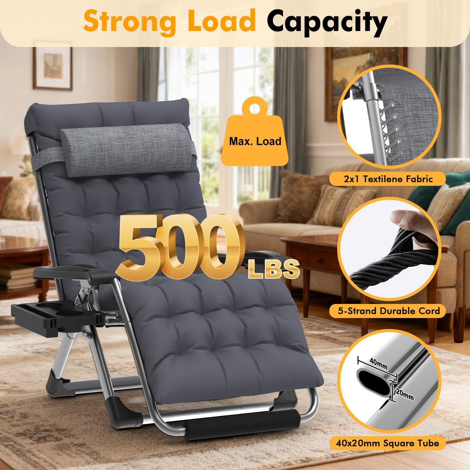 Slendor Oversized Zero Gravity Chairs XXL, 33In Recliner Chair, Dark Gray | Reclining Lounge Chair, Folding Anti Gravity Chairs w/Aluminum Alloy Lock, Removable Cushion&Headrest, 500lbs, for Lawn Patio