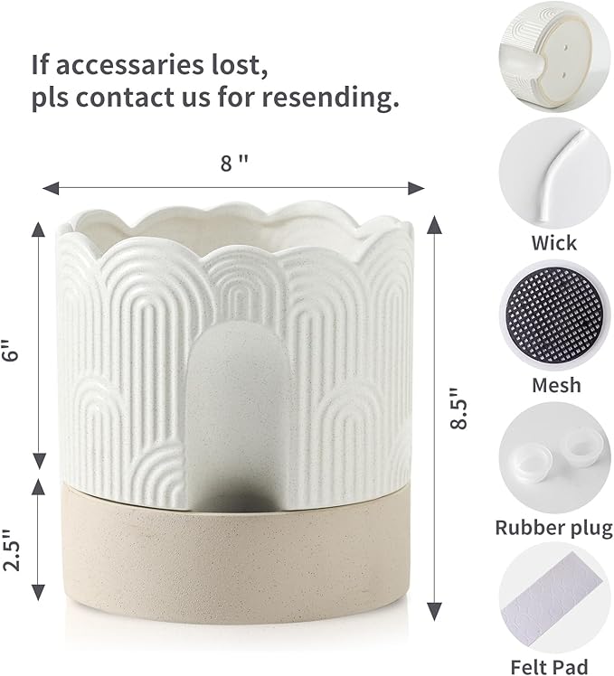 Nihow Self Watering Plant Pot for Indoor Plants with Wick: 8 Inch Ceramic Planter with Drainage Hole & Water Storage - Relief Design - Beige & Nature Flower Pot