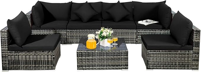 Tangkula 7 Pieces Patio Rattan Furniture Set, Patiojoy Outdoor Conversation Set with Cushions and Tempered Glass Coffee Table, All-Weather Sectional Sofa Set for Garden, Lawn, Backyard (Black)