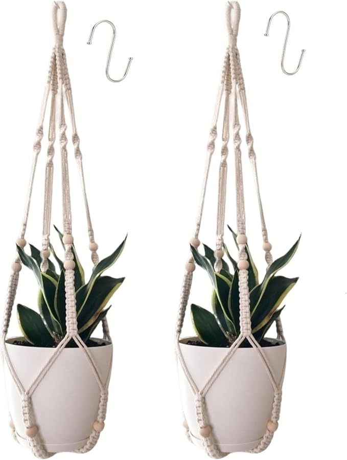 Macrame Plant Hanger for 4-12 Inch Pot Indoor Crochet Hanging Plant Holder Outdoor Boho Home Decor Basket wall Window Rope White Large Long (Ivory)