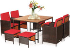 Tangkula 9 Pieces Acacia Wood Patio Dining Set, Space Saving Wicker Chairs and Wood Table with Umbrella Hole Outdoor Furniture Set, Suitable for Garden, Yard, Poolside, Outdoor Seating Set