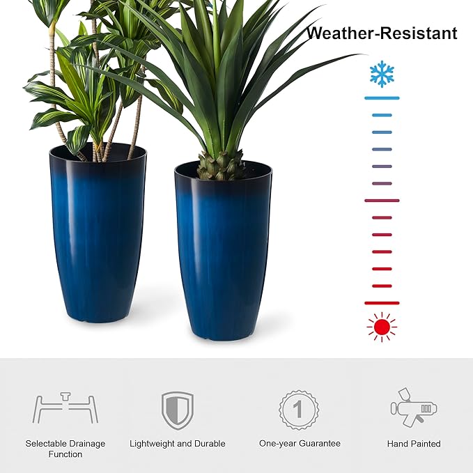Glitzhome 23.5" H Oversized Tall Round Tapered Planter, Set of 2 Large Gradient Cobalt Blue Faux Ceramic Tall Planters Pots, Plastic Flower Pots with Drainage Holes for Front Porch Patio Garden Deck