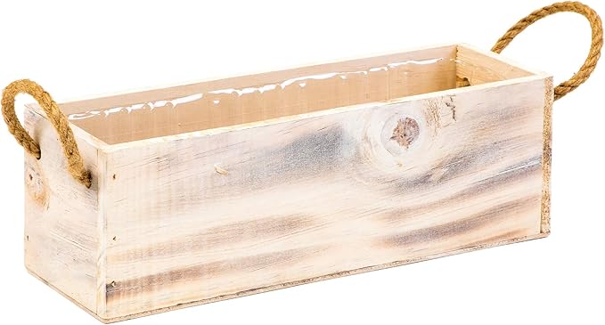 Wooden Planter Box with Handle I Rustic Whitewash I Plastic Liner l Garden Decor l Restaurant and Wedding Decorations l Table Centerpiece (12x4 w Handle Set of 4, Whitewash)