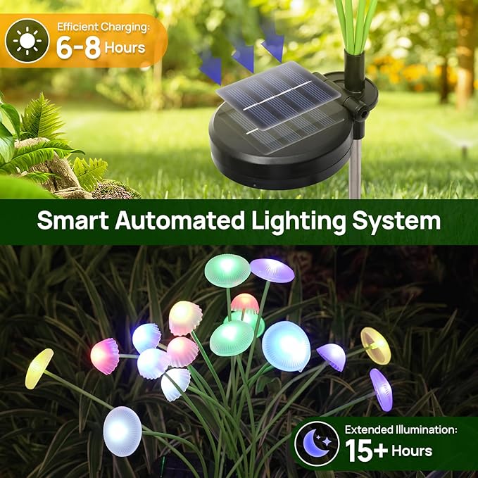 Solar Garden Lights, 4-Pack Dual Mode LED Solar Mushroom Lights, Waterproof Firefly Outdoor Decor for Yard, Patio, and Pathway – Colorful Jellyfish Ambiance