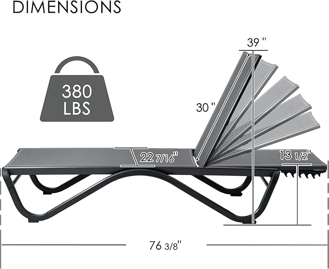 Kozyard Outdoor Chaise Lounge Chair, Full Flat Adjustable Patio Lounger with Aluminum Frame & Resin Legs, Textilene Fabric for Poolside, Backyard & Beach (Gray, Chair)