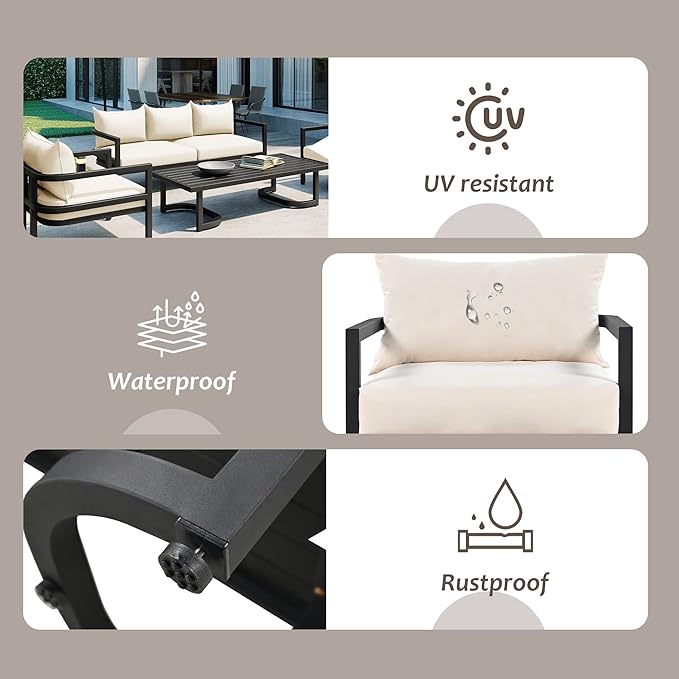 Merax 4 Piece Sectional Furniture Patio Sofa Multi-Person Outdoor Steel Sofa Set, Waterproof, Anti-Rust and Anti-uv, Suitable for Gardens and Lawns，Beige