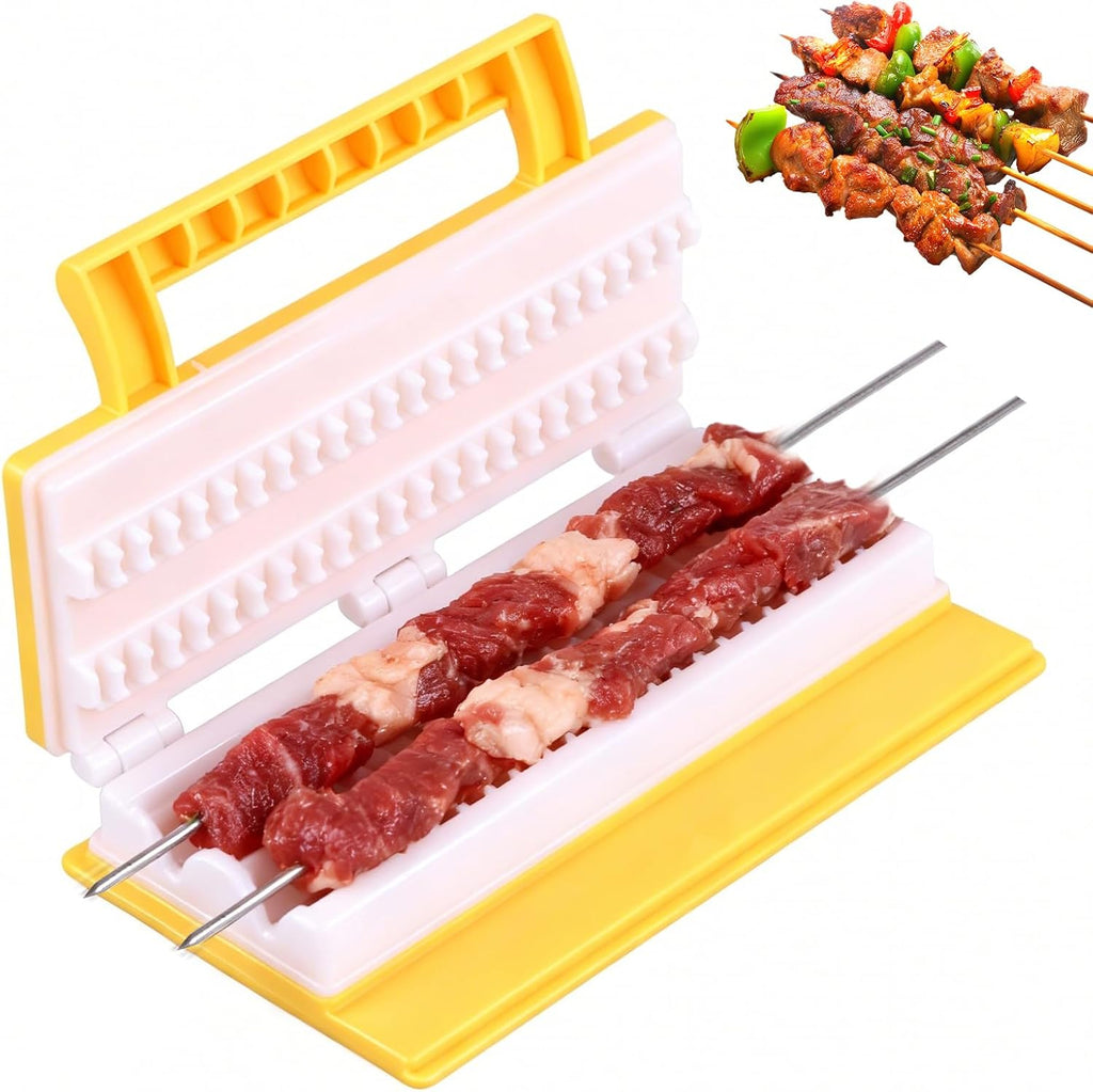 Double-Row Kebab Maker, ABS Meat Skewering Tool, Yellow | Single press double skewers with ergonomic handle for meat, vegetables, shrimp, backyard, balcony, and camping prep