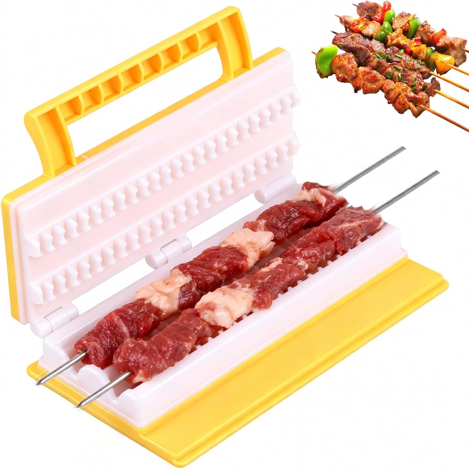 Double-Row Kebab Maker, ABS Meat Skewering Tool, Yellow | Single press double skewers with ergonomic handle for meat, vegetables, shrimp, backyard, balcony, and camping prep