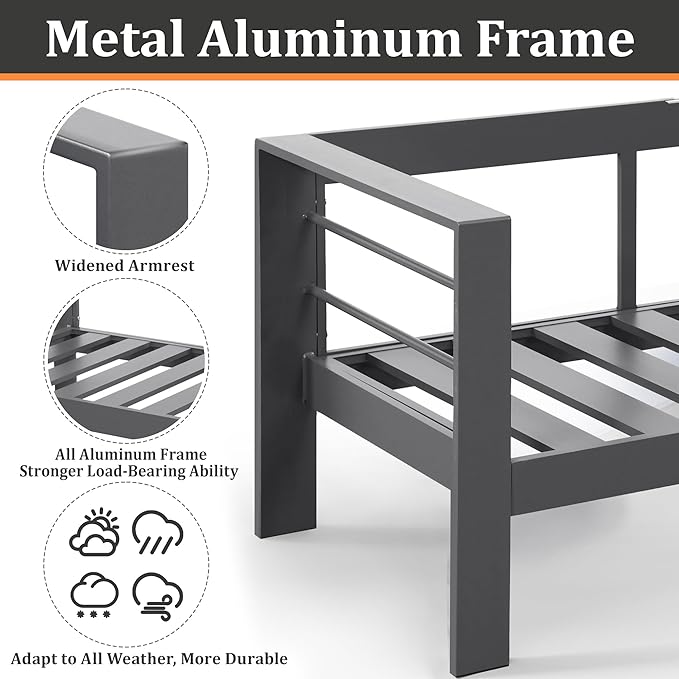 Kiss the Water Outdoor Patio Metal Furniture Chair, 2 PCS All-Weather Aluminum Outdoor Sofa with 5" Thick Soft Cushion and Wide Arm, Deep Seating Patio Couch for Balcony, Porch, Backyard