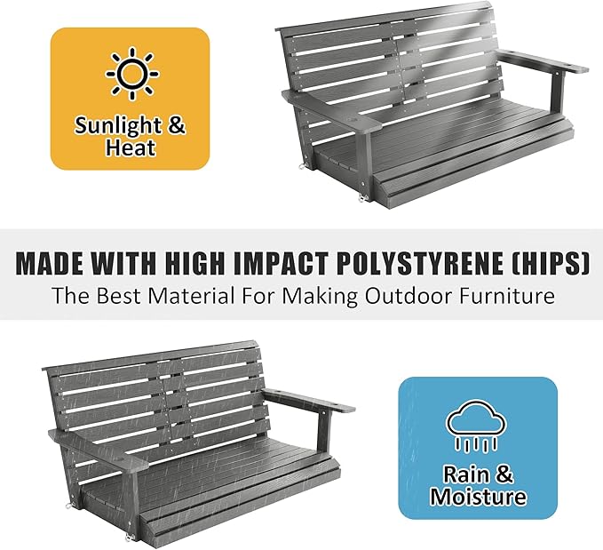 Poly Lumber 2-Seat Porch Swing, HIPS 4.5-Feet Bench Swing with Foldable Cup Holders,18/8 Stainless Steel Hardware, High Backrest and Deep Contoured Seat (Deep Gray, 4.5-feet)