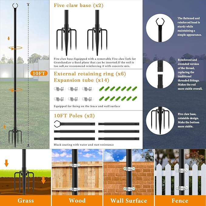 10 Pack String Light Poles,10 Ft Light Poles for Outside String Lights,Outdoor Lights Pole with Fork,Metal Poles Stand for Patio Deck Backyard