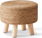 Cpintltr Foot Stool Natural Seagrass Hand Weave Poufs Round Ottoman for Couch Desk Soft Step Stool Padded Foot Rest with Non-Skid Pine Legs for Hallway Office Lounge Natural